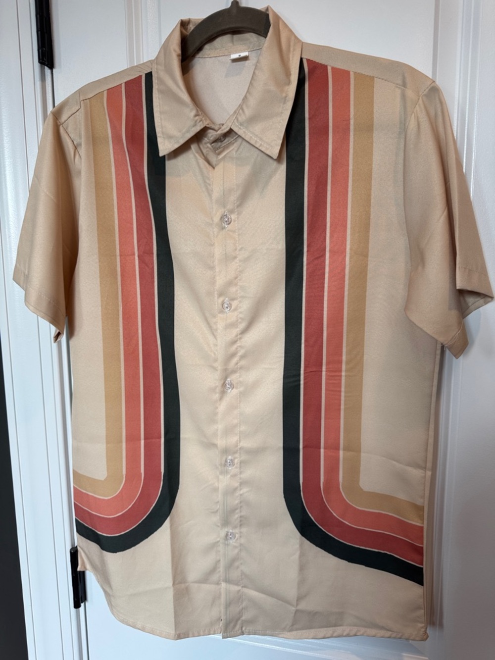 Men’s Beige Retro Stripe Short Sleeve Button Up Tan Red Green Lightweight Shirt
